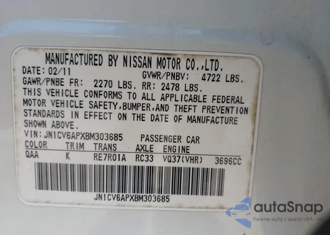 2011 Infiniti G37 Journey z USA, uszkodzony, nr VIN JN1CV6APXBM303685